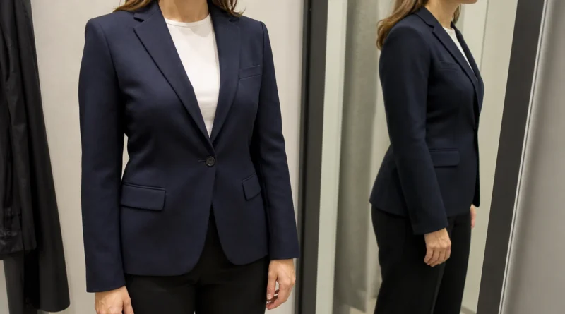 Dobře padnoucí dámské sako kontrolované zepředu a z boku v zrcadle