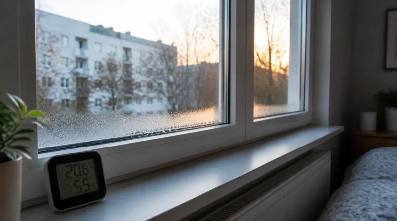 Ranní kondenzace na vnitřní spodní části okna vedle digitálního vlhkoměru