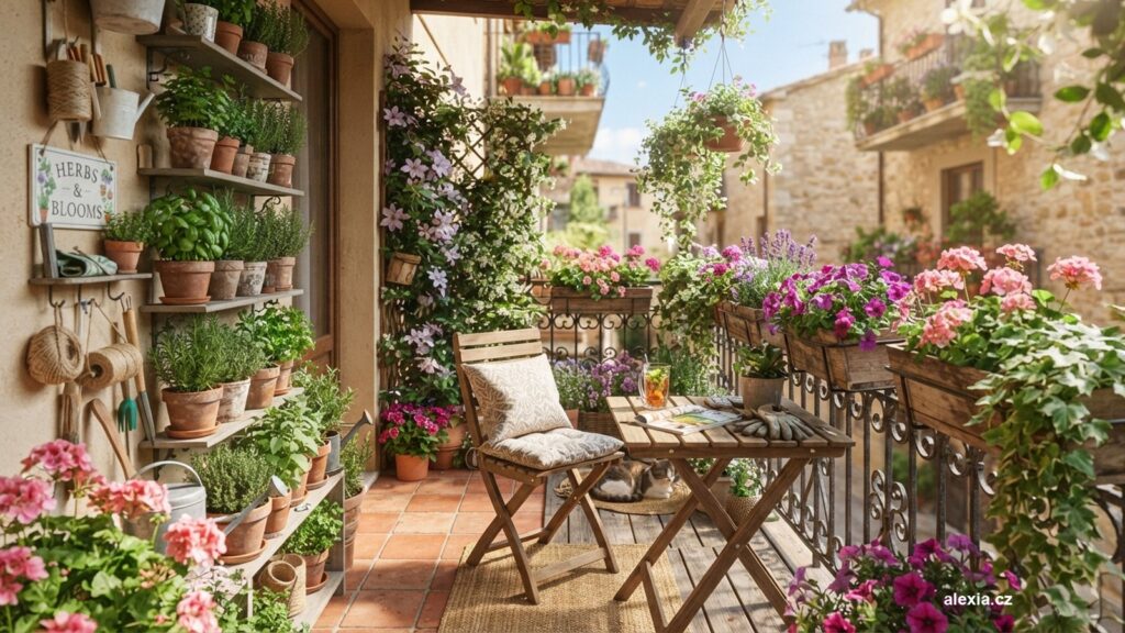 Rozkvetlý balkon s truhlíky