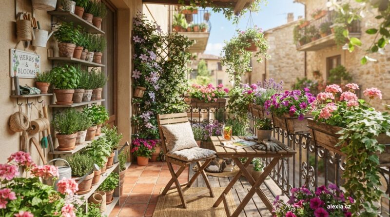 Rozkvetlý balkon s truhlíky