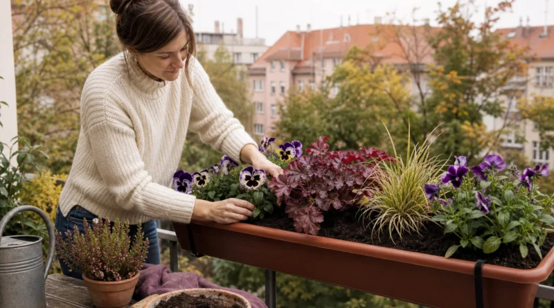 Výsadba violek, dlužichy a ostřice do podzimního truhlíku na balkoně