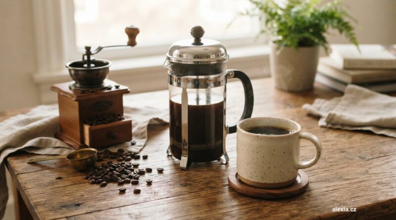 French press a šálek čerstvé kávy vedle mlýnku na stole