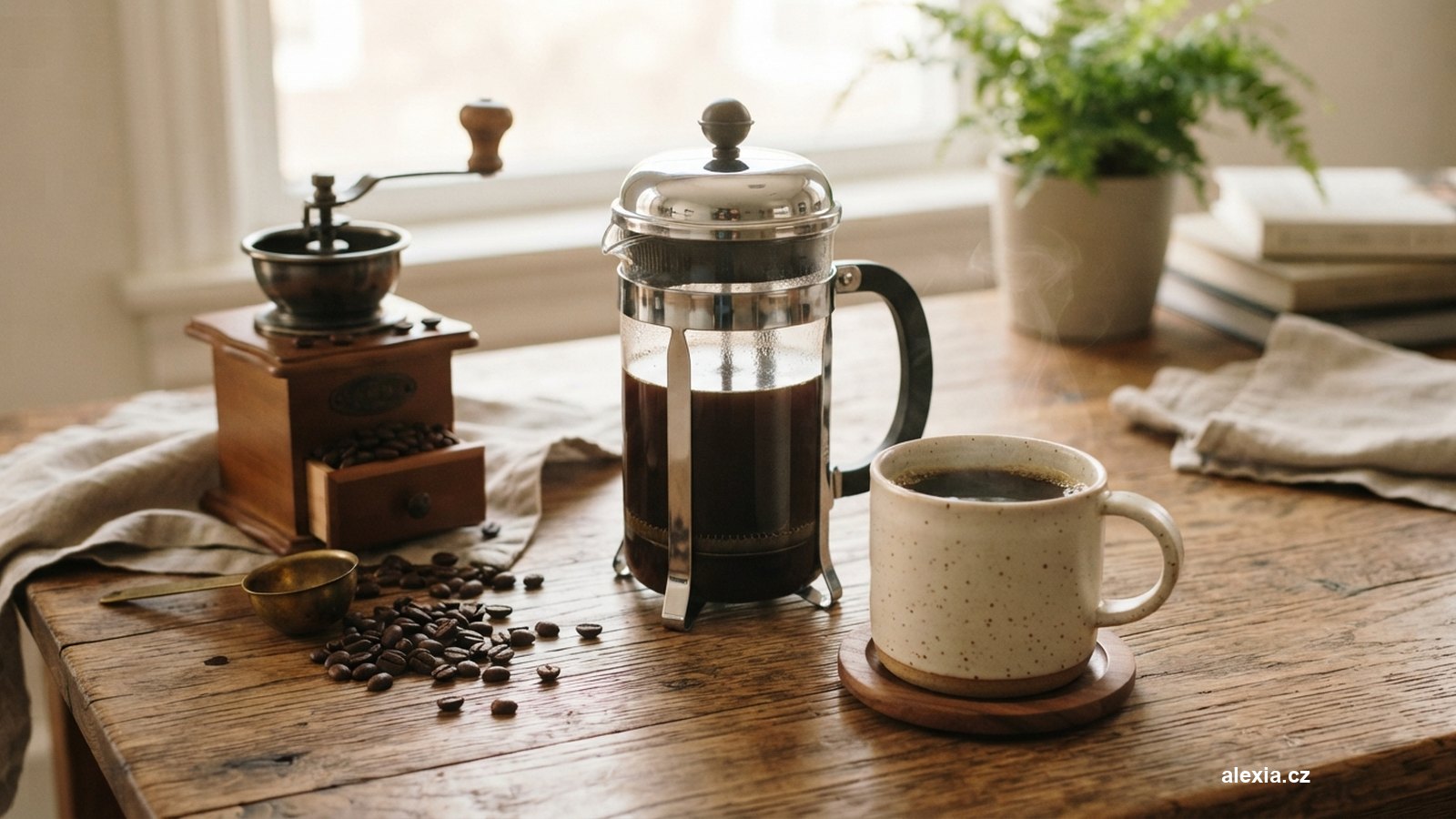 French press a šálek čerstvé kávy vedle mlýnku na stole