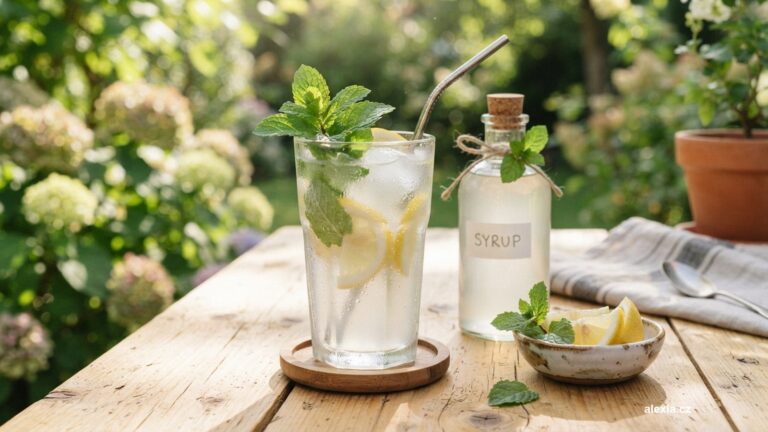 Sklenice domácí limonády s bylinkou a lahev sirupu