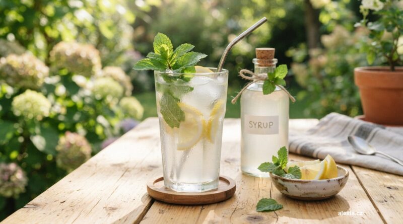 Sklenice domácí limonády s bylinkou a lahev sirupu