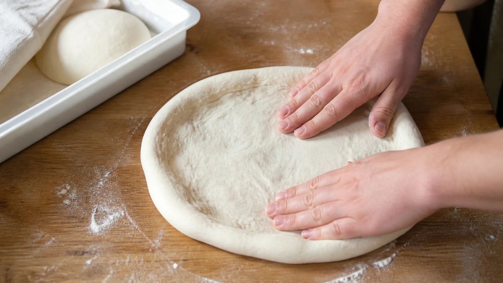 Roztahování vykynutého těsta na domácí pizzu prsty
