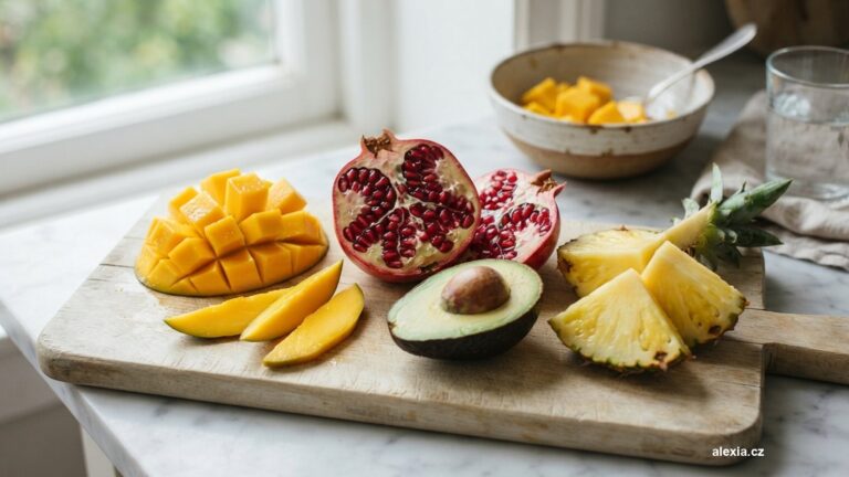 Nakrájené mango, rozlomené granátové jablko, avokádo a ananas na světlém prkénku