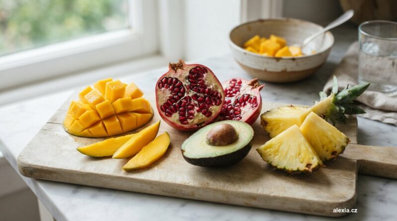 Nakrájené mango, rozlomené granátové jablko, avokádo a ananas na světlém prkénku