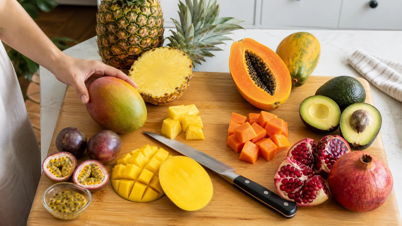 Mango, ananas, papája, avokádo a granátové jablko při bezpečném krájení