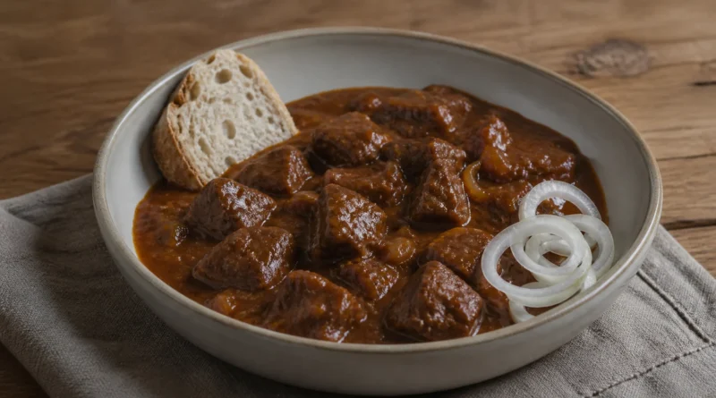 Hluboký talíř tmavého hovězího guláše s cibulí a chlebem