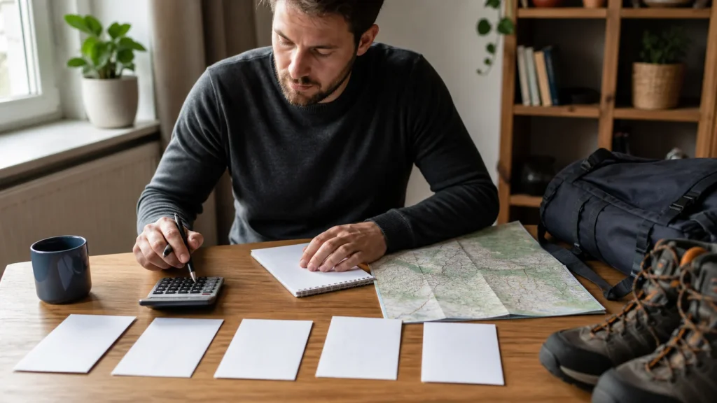 Cestovatelka počítá rozpočet dovolené u mapy a notebooku