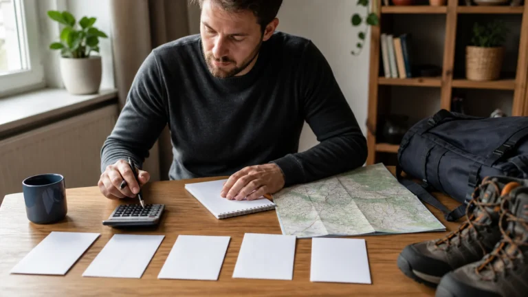 Cestovatelka počítá rozpočet dovolené u mapy a notebooku