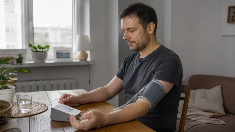 Domácí měření krevního tlaku vsedě s paží opřenou o stůl