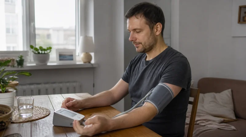 Domácí měření krevního tlaku vsedě s paží opřenou o stůl