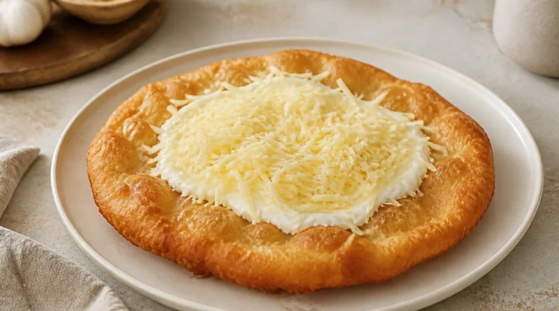 Čerstvě usmažený langoš s česnekem, zakysanou smetanou a sýrem