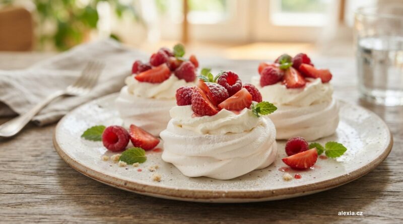 Mini pavlovy se šlehačkou, jahodami a malinami na talíři