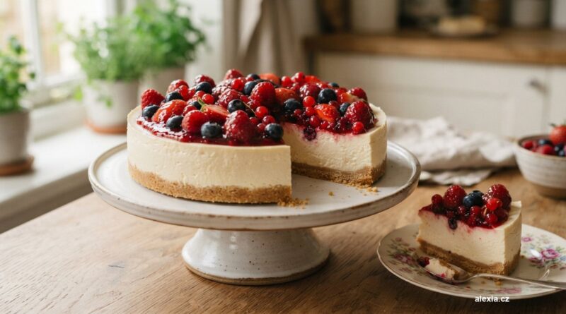 Nepečený cheesecake s bobulovým ovocem a odkrojeným plátkem