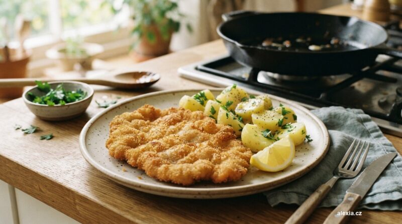 Zlatý křupavý smažený řízek s citronem a vařenými bramborami