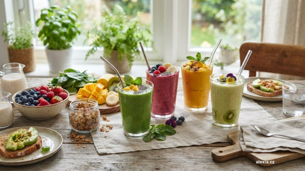 Sklenice barevného smoothie s ovocem a špenátem