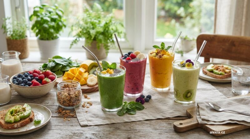 Sklenice barevného smoothie s ovocem a špenátem