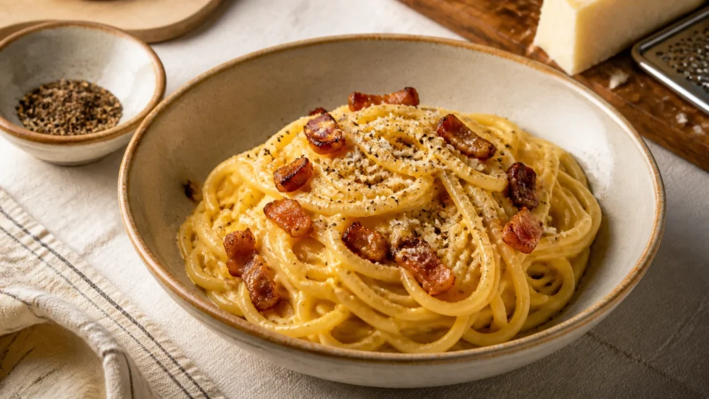 Špagety carbonara s guanciale, pecorinem a černým pepřem