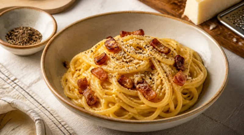 Špagety carbonara s guanciale, pecorinem a černým pepřem