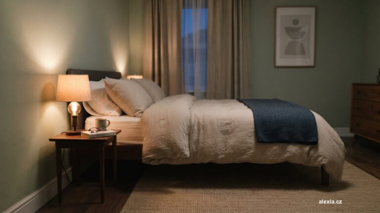 Klidná ložnice se ztlumeným světlem a ustlanou postelí večer
