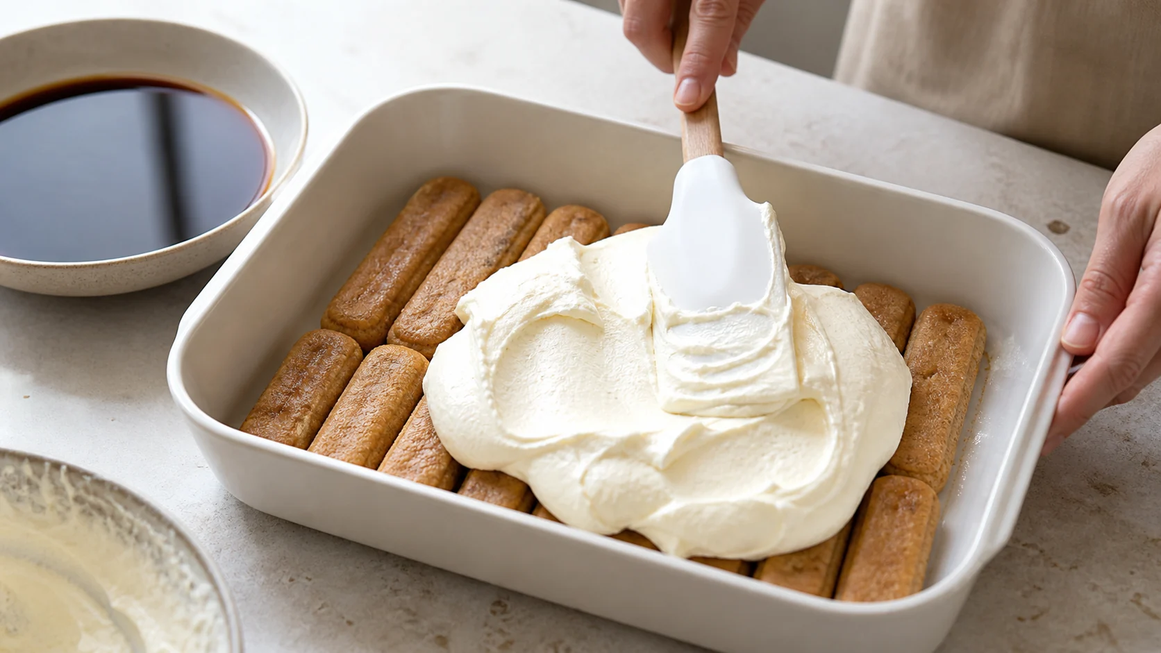 Vrstvení kávových piškotů a mascarpone krému bez syrových vajec