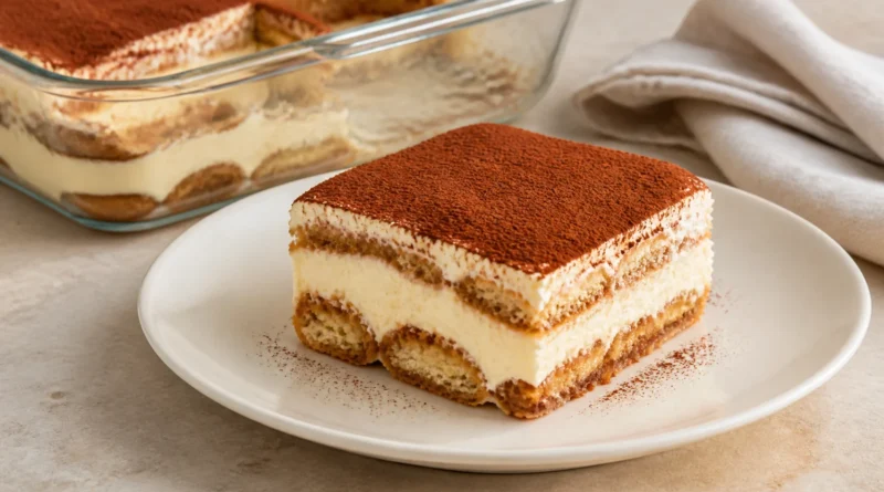 Klasické tiramisu s mascarpone a kakaem na bílém talíři