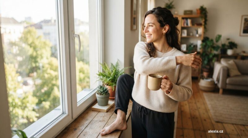 Žena u okna s šálkem kávy protahuje ramena při denním světle