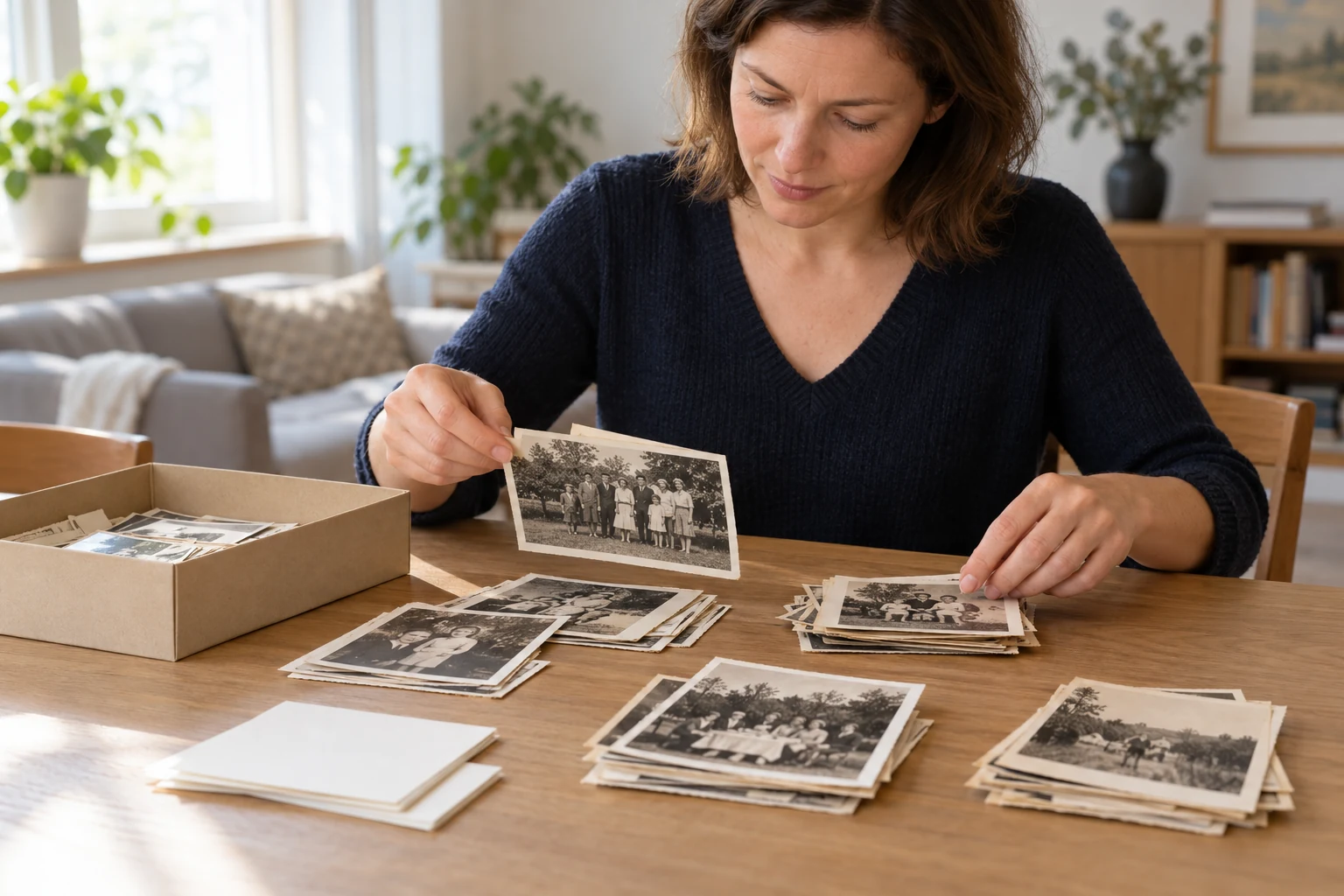 Žena třídí staré papírové fotografie do skupin vedle obálek a kartiček