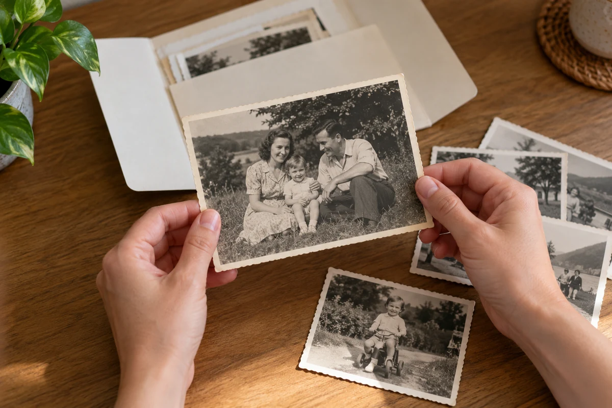 Ruce drží starou fotografii za okraje nad papírovou složkou